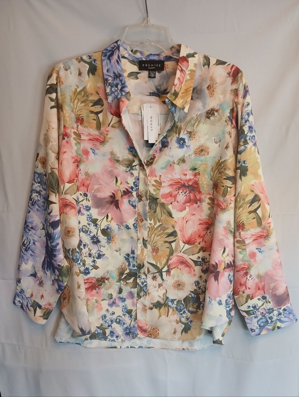 Pastel Floral Watercolor Button Front V Neck Long Sleeve Shirt 1X New! Premise